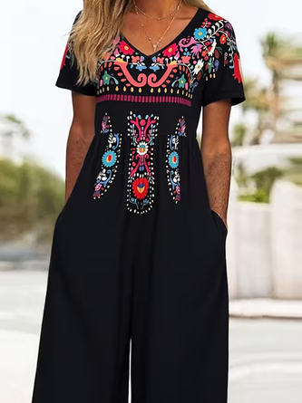 Women Ethnic V Neck Half Sleeve Casual Summer Jumpsuit