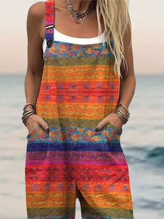 Women Striped Square Neck Gallus Casual Summer Cotton And Linen Jumpsuit