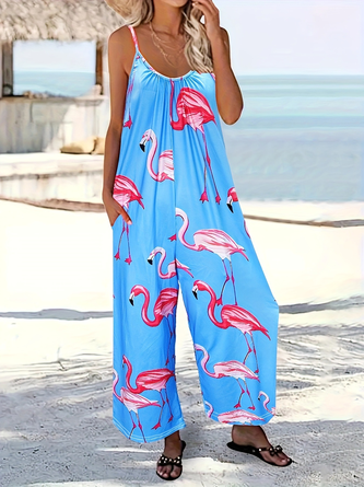 Women Butterfly Crew Neck Sleeveless Casual Summer Jumpsuit