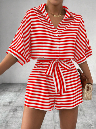Women Striped Shawl Collar Short Sleeve Casual Summer Jumpsuit