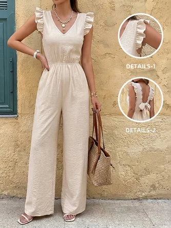 Women Plain V Neck Sleeveless Casual Ruffle Sleeve Summer Cotton-Blend Jumpsuit