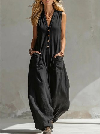Women Plain V Neck Sleeveless Casual Summer Jumpsuit