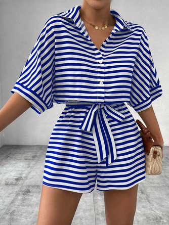 Women Striped Shawl Collar Short Sleeve Casual Summer Jumpsuit