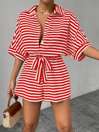 Women Striped Shawl Collar Short Sleeve Casual Summer Jumpsuit