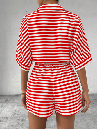 Women Striped Shawl Collar Short Sleeve Casual Summer Jumpsuit