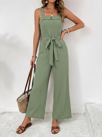Women Plain Square Neck Sleeveless Casual Summer Cotton-Blend Jumpsuit