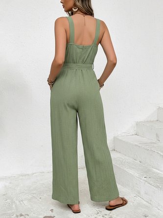 Women Plain Square Neck Sleeveless Casual Summer Cotton-Blend Jumpsuit