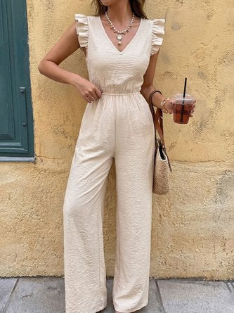 Women Plain V Neck Sleeveless Casual Ruffle Sleeve Summer Cotton-Blend Jumpsuit