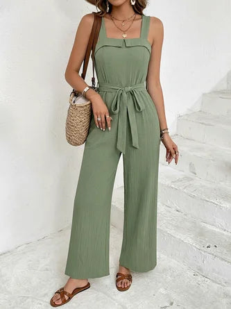 Women Plain Square Neck Sleeveless Casual Summer Cotton-Blend Jumpsuit