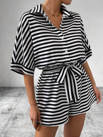 Women Striped Shawl Collar Short Sleeve Casual Summer Jumpsuit