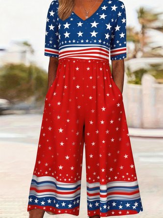 Women Striped V Neck Half Sleeve Vintage Summer Jumpsuit