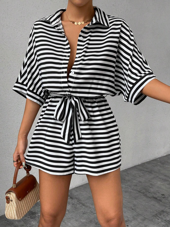 Women Striped Shawl Collar Short Sleeve Casual Summer Jumpsuit