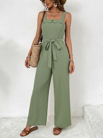 Women Plain Square Neck Sleeveless Casual Summer Cotton-Blend Jumpsuit