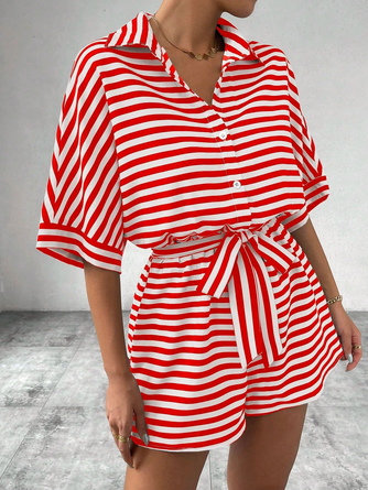 Women Striped Shawl Collar Short Sleeve Casual Summer Jumpsuit