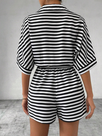 Women Striped Shawl Collar Short Sleeve Casual Summer Jumpsuit