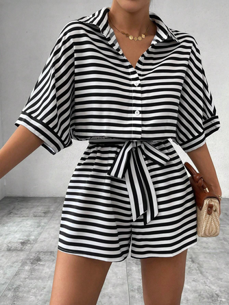 Women Striped Shawl Collar Short Sleeve Casual Summer Jumpsuit