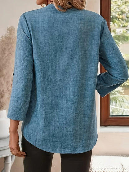 V Neck Three Quarter Sleeve Plain Split Joint Regular Micro-Elasticity Loose Tunic Shirt For Women