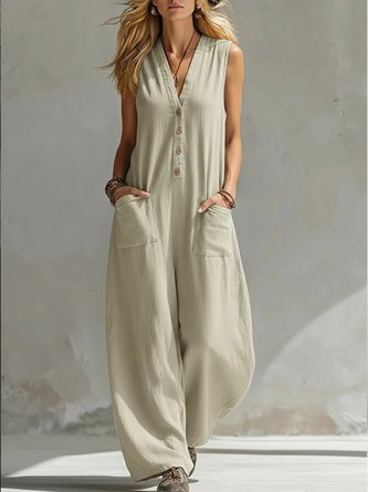 Women Plain V Neck Sleeveless Casual Summer Jumpsuit