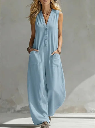 Women Plain V Neck Sleeveless Casual Summer Jumpsuit