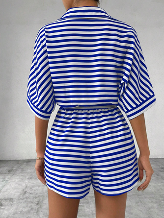 Women Striped Shawl Collar Short Sleeve Casual Summer Jumpsuit