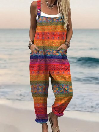 Women Striped Square Neck Gallus Casual Summer Cotton And Linen Jumpsuit
