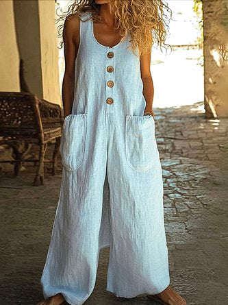 Women Plain Crew Neck Sleeveless Casual Summer Cotton Jumpsuit