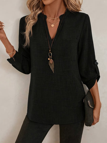 V Neck Three Quarter Sleeve Plain Split Joint Regular Micro-Elasticity Loose Tunic Shirt For Women