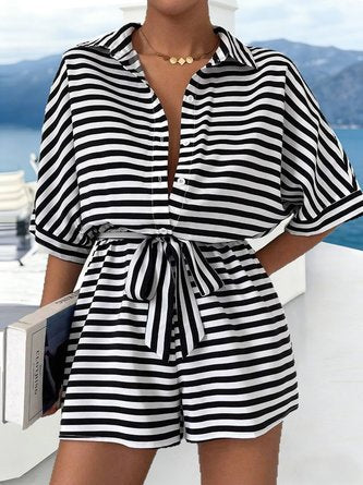 Women Striped Shawl Collar Short Sleeve Casual Summer Jumpsuit