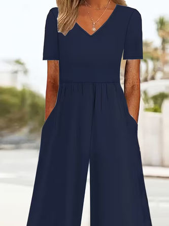 Women Plain V Neck Half Sleeve Casual Summer Jumpsuit