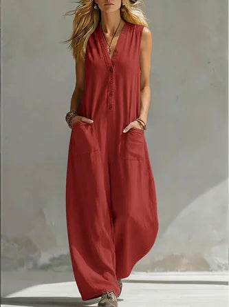 Women Plain V Neck Sleeveless Casual Summer Jumpsuit