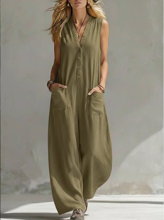 Women Plain V Neck Sleeveless Casual Summer Jumpsuit