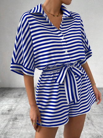 Women Striped Shawl Collar Short Sleeve Casual Summer Jumpsuit